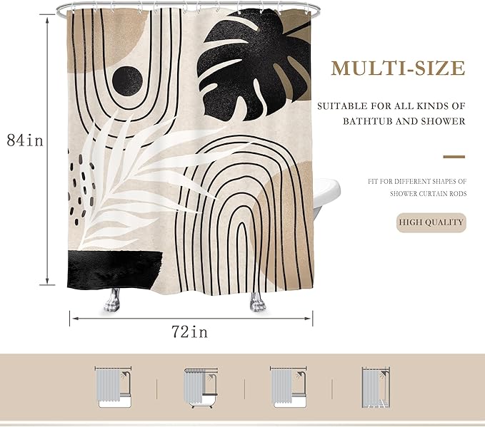 Glawry Boho Black Brown Beige Shower Curtain Extra Long Modern Mid Century Abstract Tropical Leaf Bathroom Minimalist Geometric Arch 72Wx84L Inches Bath Accessories Art Home Decor Fabric 12 Pack Hooks