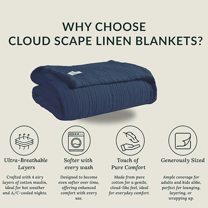 Cloud Scape Linen Extra Large 4 Layer Muslin Throw Blanket - 100% Cotton Gauze, Lightweight & Breathable All Season, Pre-Washed, for Couch & Bed, 50x70, Ensign Blue