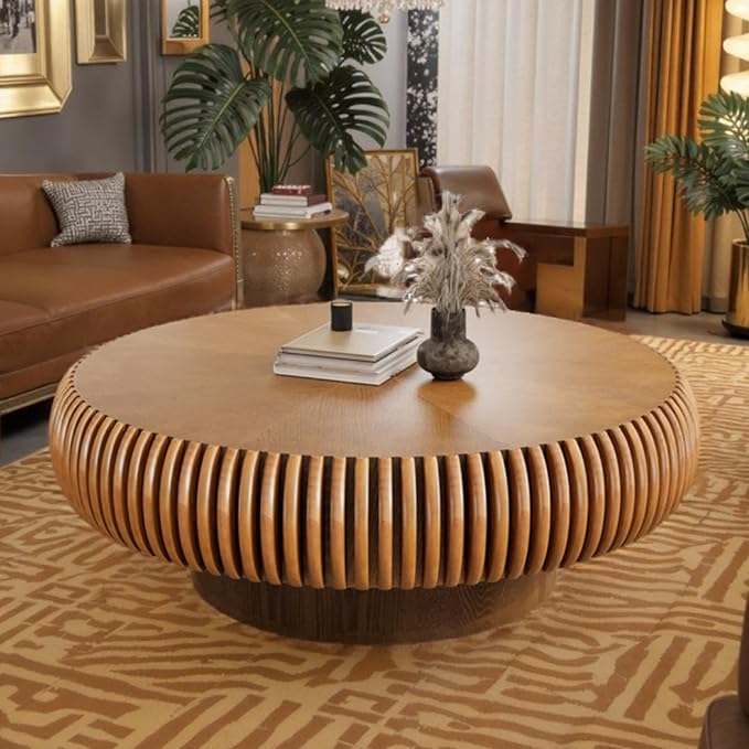 Fluted Drum Coffee Table Round Coffee Table for Living Room Mid Century Modern Coffee Tables with Sturdy Pedestal Circle Center Tea Table Accent Tea Table for Small Space Apartment (39.4inch Brown)
