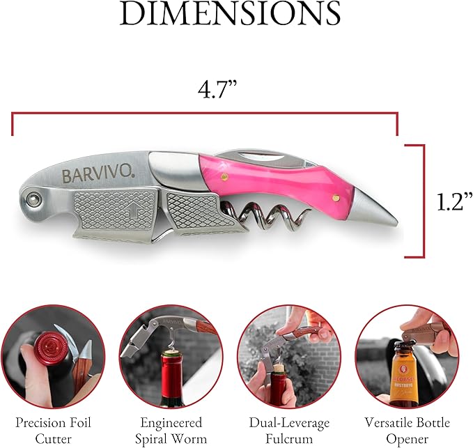 Barvivo Wine Opener with Foil Cutter and Cap Remover - Double Hinged Corkscrew for Bartenders - Stainless Steel Wine Key for Easy Bottle Opening - Manual Wine Bottle Opener - Pink Resin, 4.7x1.2-Inch