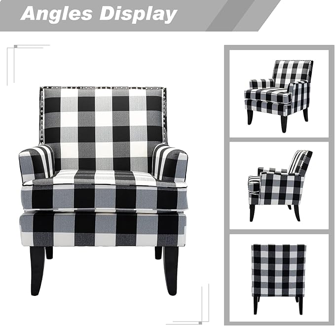 HULALA HOME Modern Accent Chair with Arms and Wooden Legs, Buffalo Plaid Accent Chair Armchair High Back Rest, Padded Armrest and Comfortable Cushioned Seat for Living Room (Buffalo Black)
