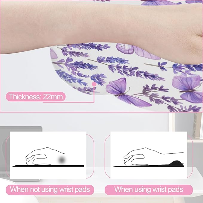 Lavender Butterfly Mouse Pad with Wrist Rest and Keyboard Wrist Rest Set, Non-Slip Rubber Base Memory Foam Mouse Pad Set for Women, Office Desk Accessories, Gaming