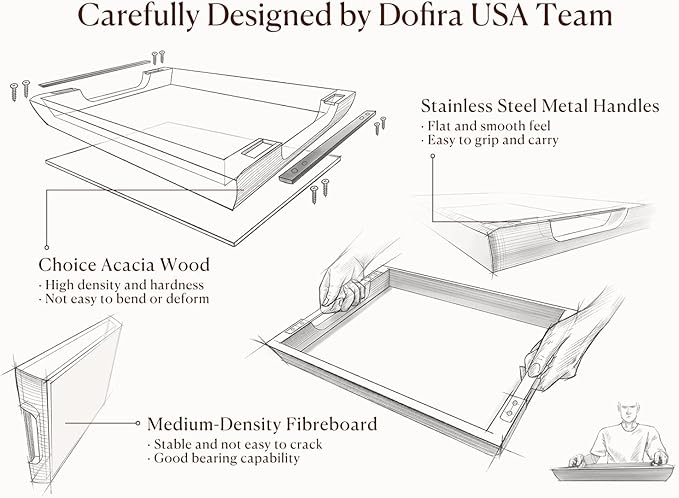 Acacia Wood Serving Tray with Metal Handles, 17x13in Food Drinks Tray for Coffee Table, Breakfast, Dinner & Bar, Rustic Decorative Storage Tray for Ottoman, Kitchen, Bedroom Gift Packaging