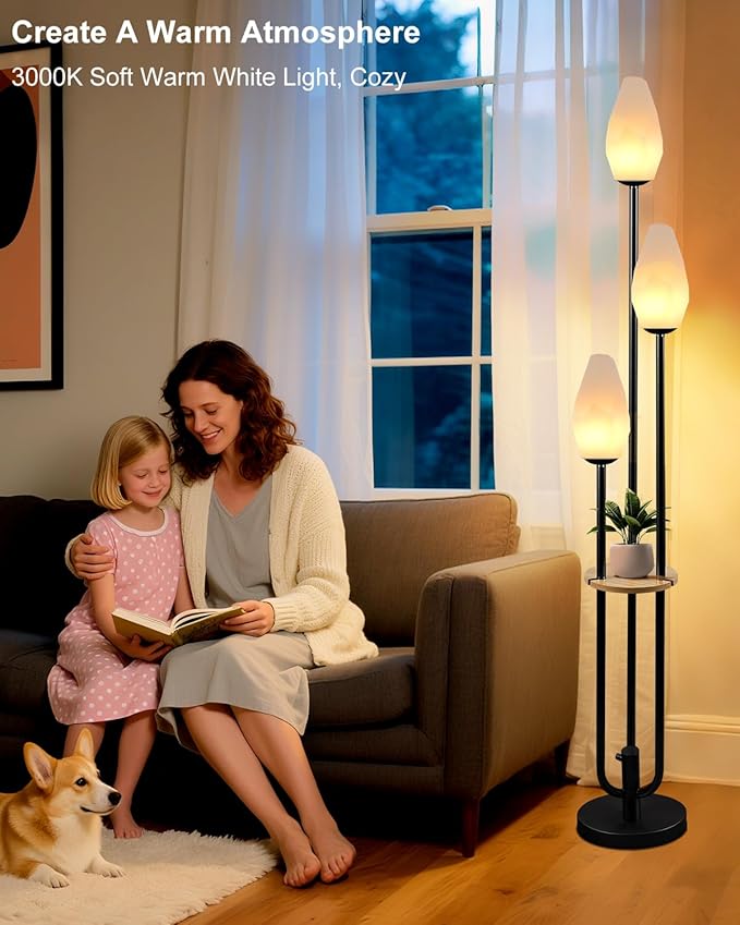 Lightdot Black Floor Lamp with Tray, 3-Lights Dimmable Floor Lamps with Rock-Shaped Shade, Unique Candle Holder Style Modern Tall Lamp for Living Room/Party(Bulbs Included)