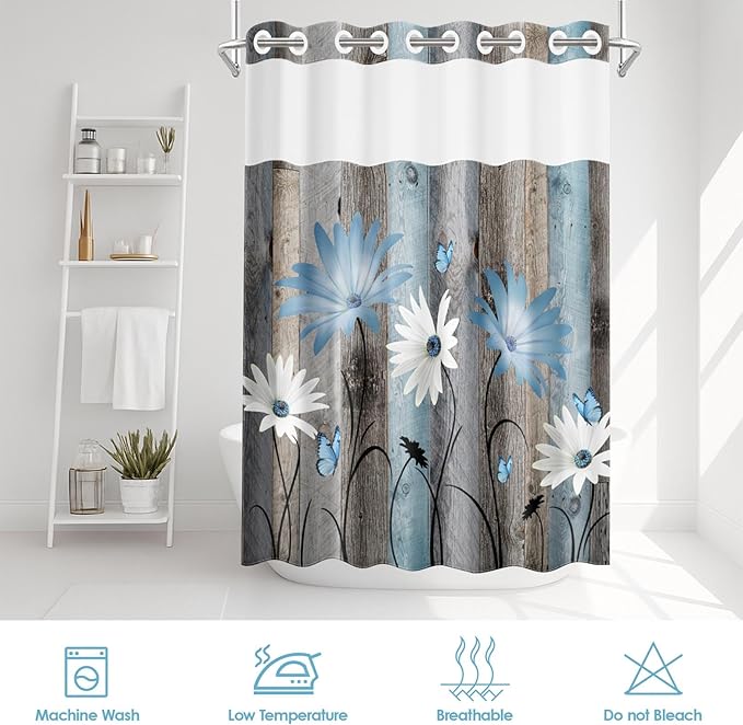 No Hook Rustic Farmhouse Shower Curtain with Snap in Fabric Liner Set, Blue Daisy Flowers and Butterfly on Wooden Double Layers Waterproof with See Through Top Bath Curtain 71x74 Inch