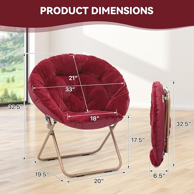 Magshion Saucer Chair for Adults, Comfy Living Room Lounge Chair for Bedroom Corner, Dorm, Apartment, Faux Fur Fluffy Circle Accent Seat with Thick Padded & Folding Metal Frame (Burgundy)