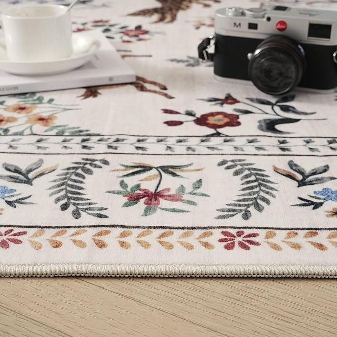 Rugcomf Bedroom Rug 3x5 Rug Washable Area Rug Non Slip Low Pile Boho Floral Animal Small Carpet for Bedroom, Bedside, Kitchen, Entryway, Kids Room, Office, College Dorm Essentials for Girls (Beige)