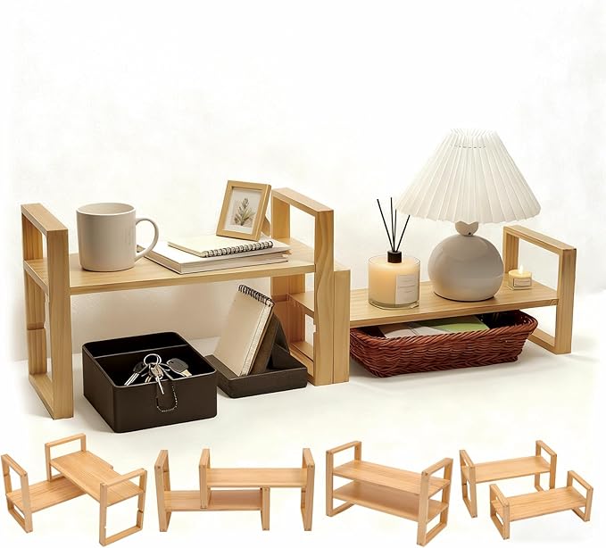 Upgraded Desktop & Off-Surface Shelves, No Tools Assembly Interlocking Joints for Enhanced Stability, Solid Pine Wood, 130lb Load Capacity for Office, Books, Bathroom Storage