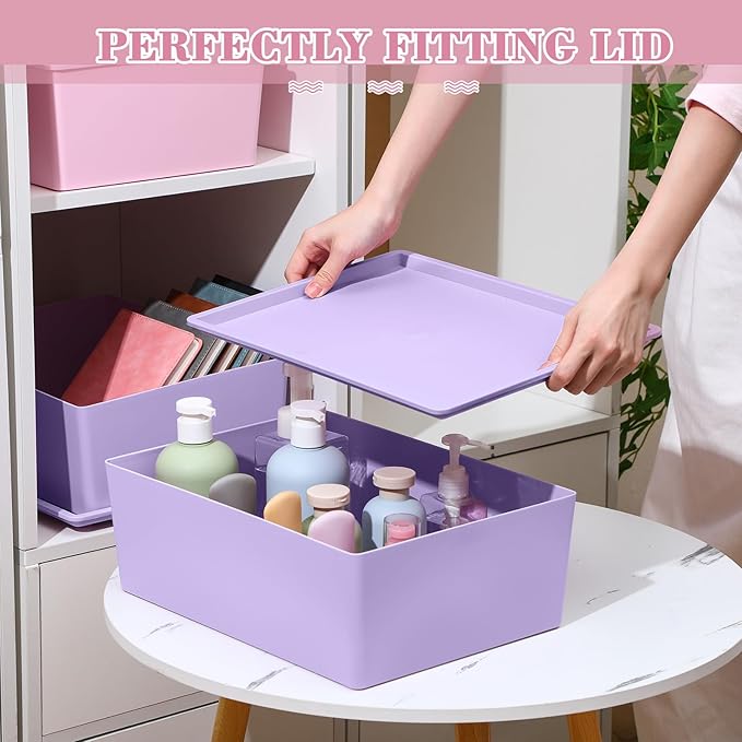 Menkxi 4 Pcs Storage Bins with Lids Plastic Containers Stackable Storage Box Baskets for Organizing Shelves (Pink, Purple,Large)