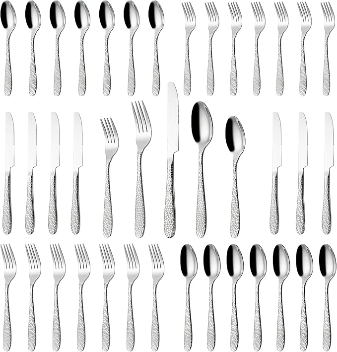 Hammered Silverware Set, CITESANA 40-Piece Heavy Duty Mirror Polished Stainless Steel Flatware Set Cutlery Set Flatware Service for 8