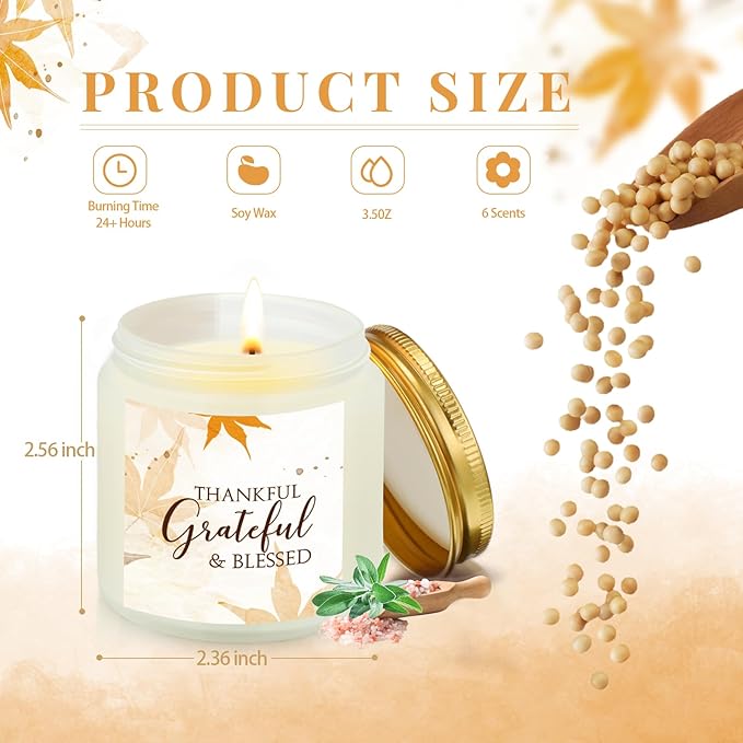 MTLEE 6 Pcs Thanksgiving Candle Jar Employee Appreciation Gifts Maple Leaf Pumpkin Candle Sea Salt Sage Scented Soy Wax Jar Thank You Gift for Halloween Coworker Teacher Home Decor(Fresh)
