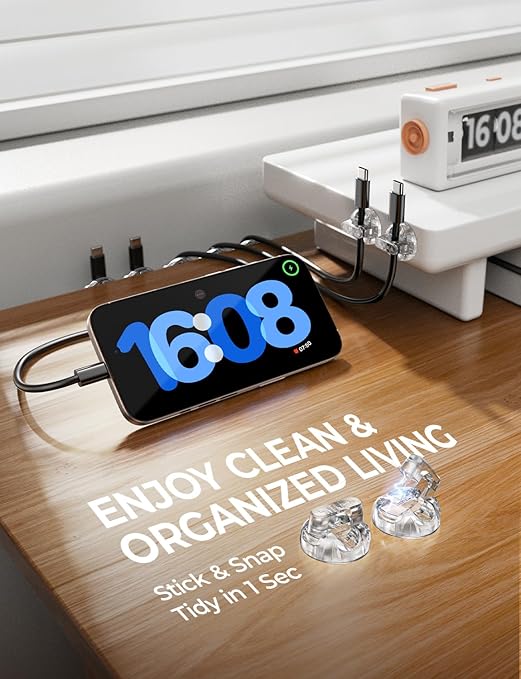 8-Pack Magnetic Cable Clips [1S Snap-On] Cord Holder, LISEN Desk Organizers and Accessories with 4 Extra Strong Adhesive Pads, Wire Organizer for Nightstand, Home, Wall, Car, Desktop,Transparent