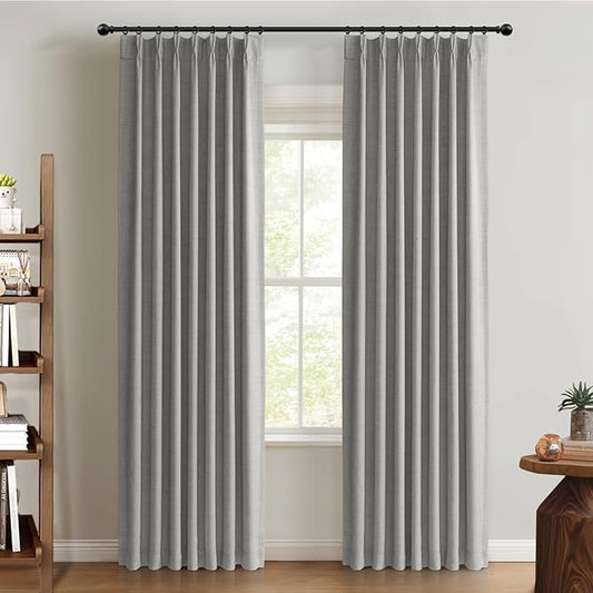 100% Blackout Shield Linen Look Textured Pinch Pleated Curtains Blackout Drapes 102 Inch Long 2 Panels Set, Faux Linen Blackout Curtains for Bedroom & Living Room, 40" W x 102" L, Grey