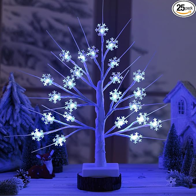 Retisee Snowflake Tree LED Light with 24 LED Lights Timer USB Battery Operated Christmas Snow Indoor Outdoor for Home Table Party Decor(Blue Color,Snowflake)