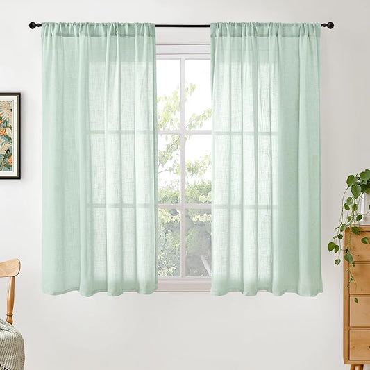 BGment Sage Green Linen Curtains 54 Inch Length for Short Window - Rod Pocket Drapes Light Filtering Sheer Textured for Bedroom Decorative Lightweight Natural Rustic, 2 Panels Set, 42 X 54 Inch