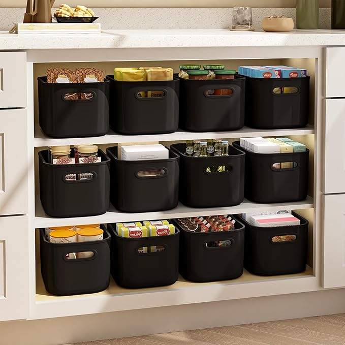 6 Pack Black Storage Bins with Lids for Shelves, Plastic Storage Containers with Lids for Organizing, Stackable Storage Boxes with Handle, Black Storage Bins for Classroom, Craft, Snacks