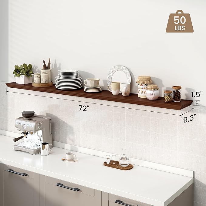 Axeman 72 Inch Floating Shelves for Wall, 9.3" Deep Crown Molding Wood Display Shelf with Heavy Duty Invisible Brackets for Living Room, Bedroom, Bathroom, Kitchen Decor & Storage, Set of 1, Walnut