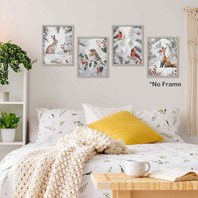 TLESKE Winter Christmas Woodland Animals Posters Prints Unframed Set of 4 for Home Bedroom Living Room Nursery, Snowy Forest Jungle Wall Art Prints Decor, Hare Rabbit Bunny Fox Birds Cardinal Wall Pictures, 12x16