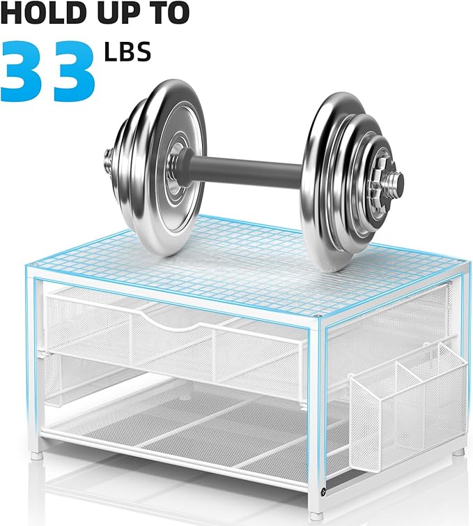 Marbrasse Wood Printer Stand for Desk, 2-Tier Desktop Printer Table for Home Office, Printer Stand with Storage Drawer 2 Pen Holders, Multi-Purpose Desk Organizer for Fax Machine Scanner(Wood White)