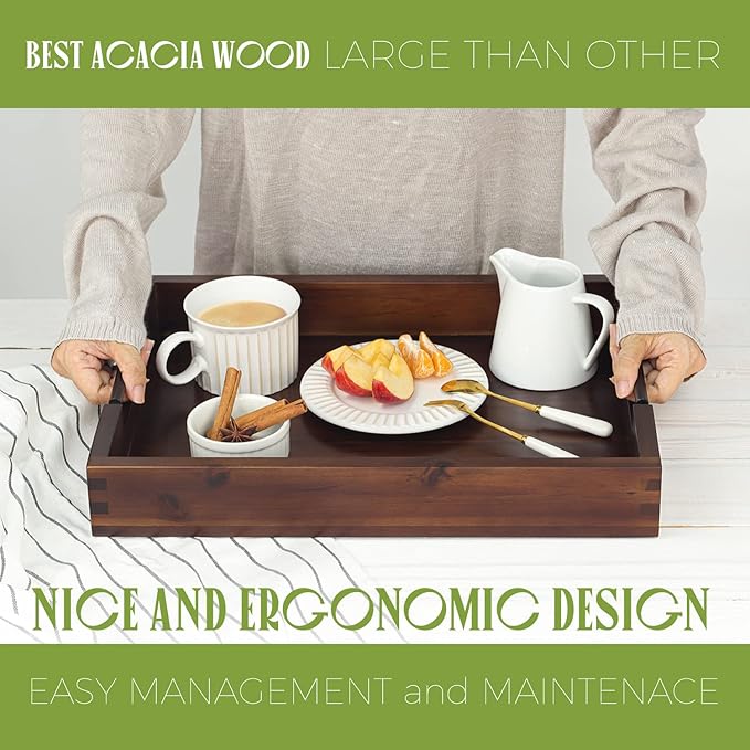 Ottoman Tray, Acacia Wood Serving Tray with Metal Handles, 16.5x12.5in Food Drinks Tray for Coffee Table, Breakfast, Dinner & Bar, Rustic Decorative Storage Tray for Ottoman, Kitchen, Packaging