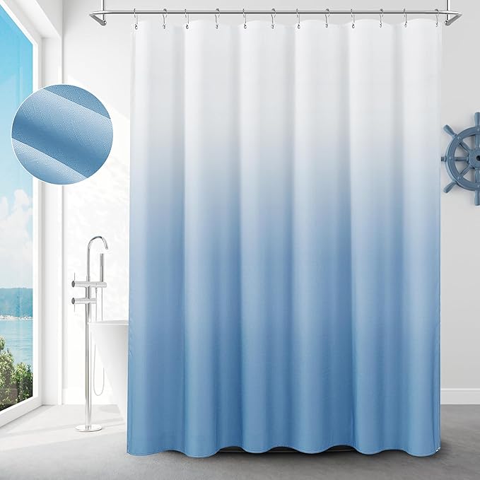 Blue Grey Shower Curtain Ombre Linen Textured Fabric Bath Curtain with Hooks, Modern Decorative Bathroom Shower Curtains for Bathtub Hotel Spa, Light Blue