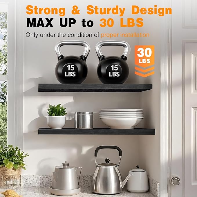 BAYKA Floating Shelves, 48 inch Wall Mounted Rustic Wood Shelves for Bathroom, Bedroom, Living Room, Kitchen, Office, Hanging Shelf for Books/Storage/Decor(Black,Set of 2)