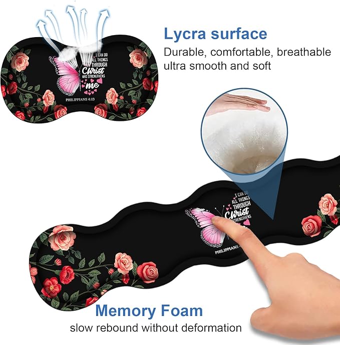 Ergonomic Memory Foam Mouse Pad Wrist Rest Set, Large Desk Pad + Keyboard Wrist Rest + Mouse Wrist Cushion + Coaster for Home Office Study Gaming, Floral Butterfly Quotes Bible Verse Philippians 4:13