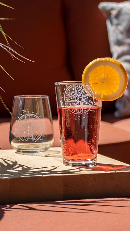 Rolf Glass Compass Star Pint Glass | 16oz Lead-Free Glass | Deep Sand Etched in the USA | Nautical Etched Design | Set of 4