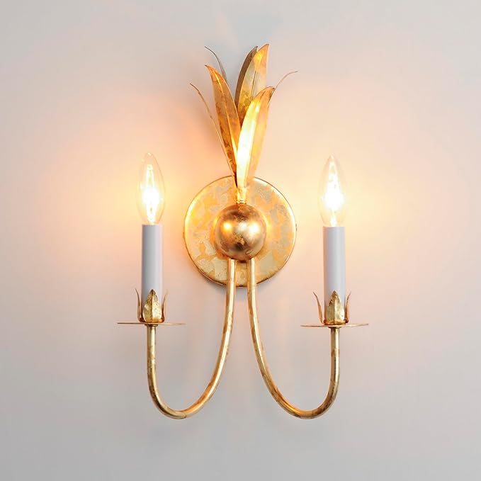 Maxim Lighting Paloma 2-Light Wall Sconce | Gold Leaf Finish | Biophilic Design with Iron Feather Plumes & Floral Bobeches | E12 Candelabra Base | Dimmable | Damp Rated | Model 2881GL