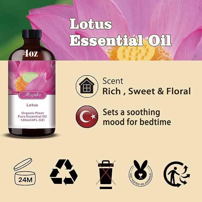 Lotus Fragrance Oil-Lotus Essential Oil 4.33oz (130ml)-100% Pure Natural Scent for Diffusers, Candles, Soap Making & Aromatherapy-Relaxing Home & Gift Essential Oil for Bath, Massage