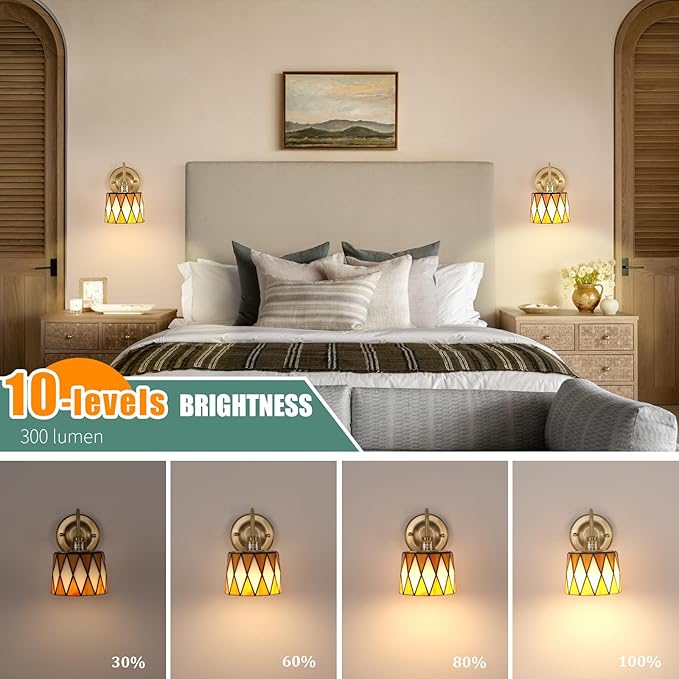 Vintage Battery Operated Wall Sconce Set of 2, 5000mAh Rechargeable Wall Lamp 12 RGB Colors Dimmable, Gold Lights Fixture for Bedroom Bathroom Living Room Hallway Orange Checker