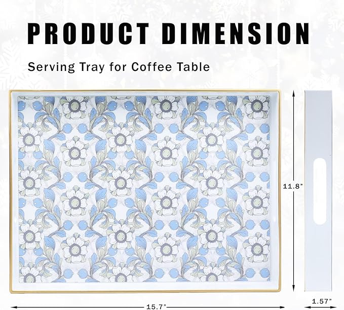 Rectangle Serving Tray with Handles, Coffee Table Tray for Ottoman, Organizer Vanity Tray for Living Room, Outdoor Tray for Patio Entertaining, Serving reakfast Kitchen Platter LEE3040BLH
