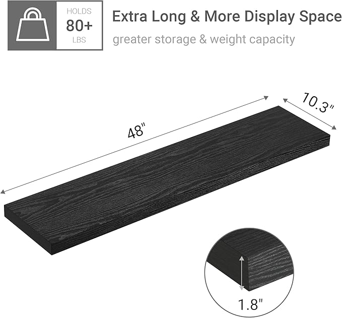 Vivelove Single Floating Shelves 48 Inches, 48 x 10 inch Deep x 1.8 in Thick, Long Wall Shelves Heavy Duty 80 lbs for Bedroom, Living Room, Kitchen, Office, Modern Shelf Book Home Decor, Black