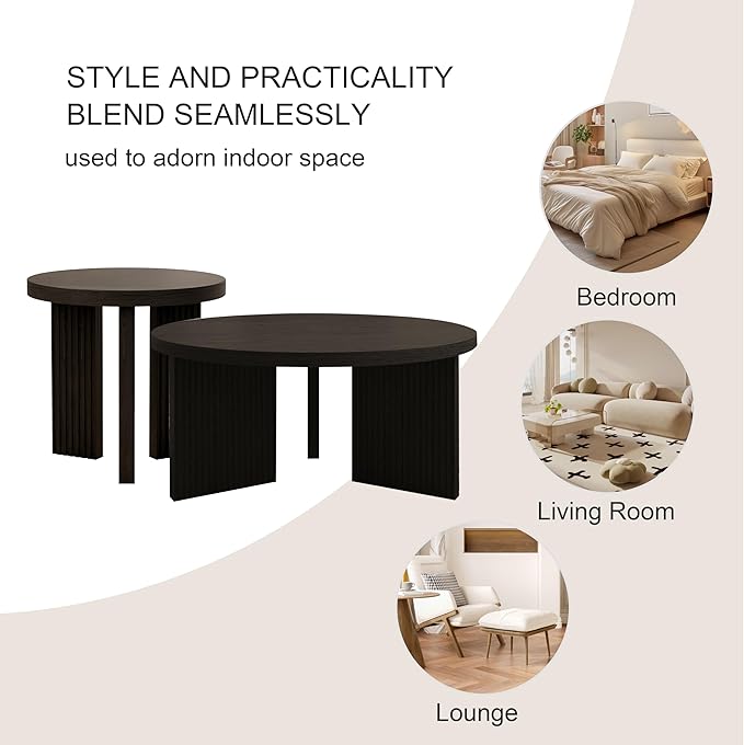 Nesting Coffee Table Set of 2, Modern Wooden Coffee Table with Smooth Thick Design, Circle Tea Table and End Table Set, Accent Center Tables for Living Room, Office, Black