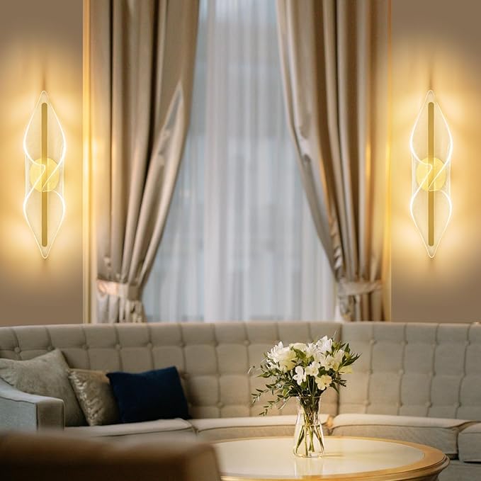 Modern Gold Wall Sconce 17.3In LED Wall Lamp with Remote Control Dimmable Acrylic Sconces Wall Lighting for Living Room Hallway Bathroom Bedroom Stairs