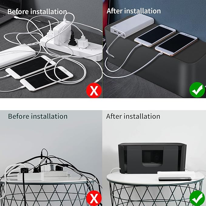 Cord Organizer Box, Cable Hider for Power Strips, Surge Protector, Extension Cord and Wire Management, Cable Management Box (2PCS/Large and Medium Size/Black)