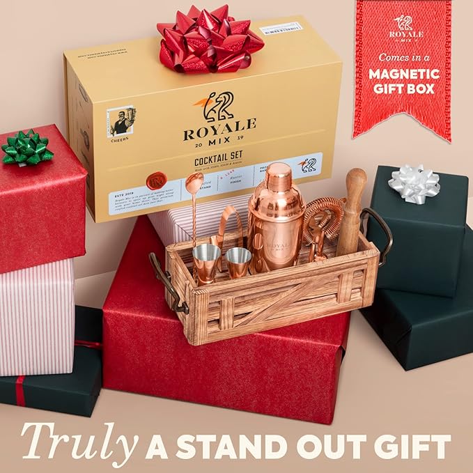 Mixology Bartender Kit with Stand - Bar Set with 25 Cocktail Kit Cards - Bar Kit Drink Mixer Set with Bar Tools - Cocktail Shaker Set Bartending Kit - Ideal Drink Shaker for Housewarming Gift (COPPER)