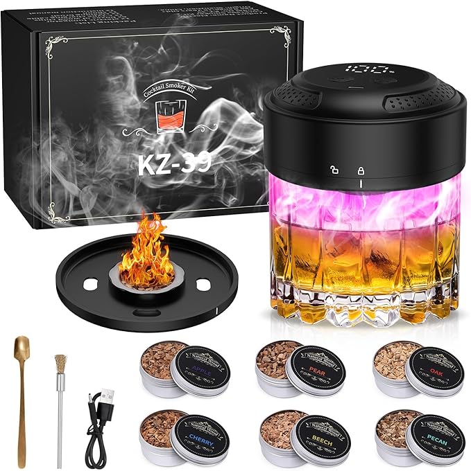 KeeKit Electric Whiskey Smoker Kit, Flameless Cocktail Smoker with Built-in Lighter, Old Fashioned Drink Maker Kit with 6 Wood Chips & Ambient Light, Bourbon Whiskey Gifts for Men, Dad, Husband