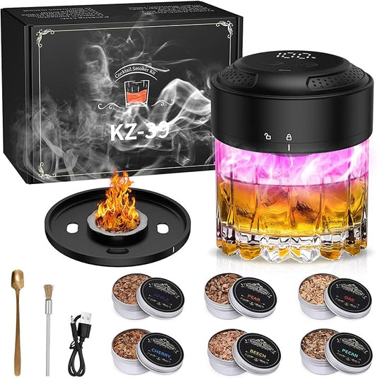 KeeKit Electric Whiskey Smoker Kit, Flameless Cocktail Smoker with Built-in Lighter, Old Fashioned Drink Maker Kit with 6 Wood Chips & Ambient Light, Bourbon Whiskey Gifts for Men, Dad, Husband