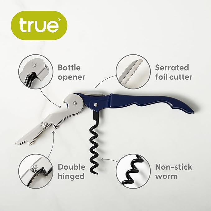 True Truetap Double Hinged Waiter's Corkscrew Wine Opener, Stainless Steel Wine Bottle Opener with Built In Foil Cutter, Home Bar Tools, Bar Cart Accessories, Wedding Gifts, Set of 1, Navy Blue