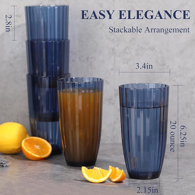 Acrylic Mixed Colors Highball Cups | Plastic Reusable Tumblers | 20oz (Set of 6) | Stackable | BPA-free Tumblers | Shatterproof | Top-rack Dishwasher Safe