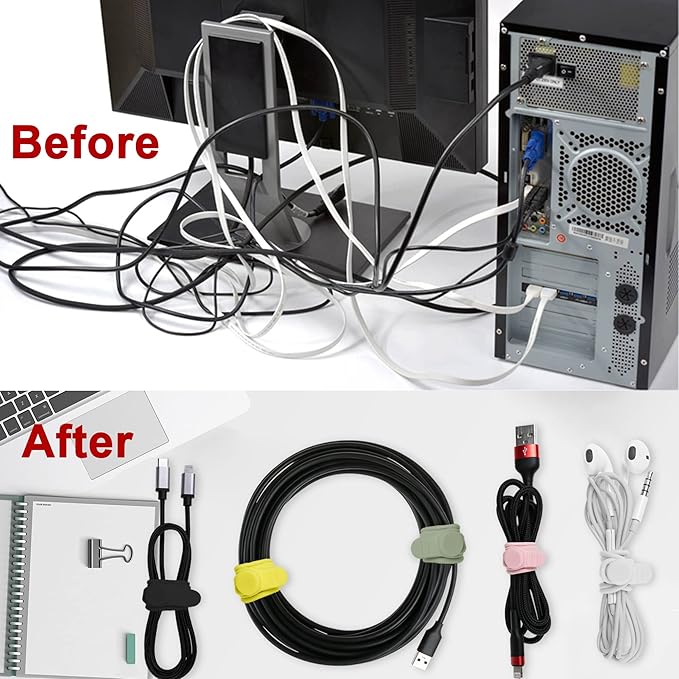 Nearockle 100Pcs Silicone Cable Ties Cord Organizer for Bundling Earphone, Phone Charger, Computer Cords, Reusable Cable Ties Wire Organizer in Home,Office,Kitchen,School (5 Colors)