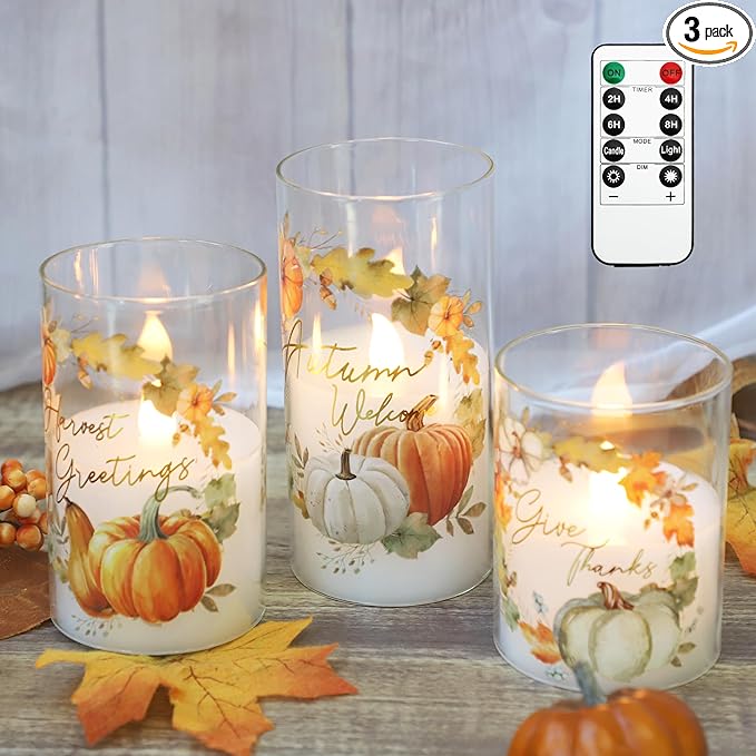 Fall Decor Flameless Candles with Remote Thanksgiving Gift Set of 3 Autumn Theme Autumn Ornament LED Home Decor Battery Operated Timer Pumpkin Maple Leaves Painting Harvest