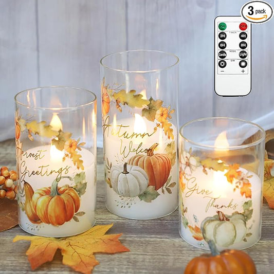 Fall Decor Flameless Candles with Remote Thanksgiving Gift Set of 3 Autumn Theme Autumn Ornament LED Home Decor Battery Operated Timer Pumpkin Maple Leaves Painting Harvest