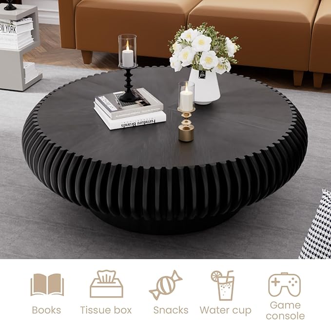 Fluted Drum Coffee Table Round Coffee Table for Living Room Mid Century Modern Coffee Tables with Sturdy Pedestal Circle Center Tea Table Accent Tea Table for Small Space Apartment (39.4inch Black)