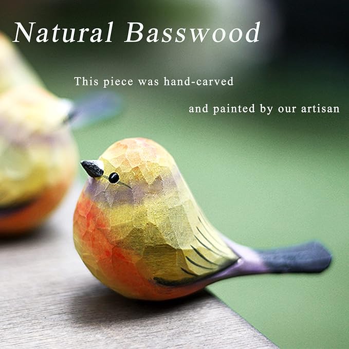 Handmade Wooden Carved Bird Decor Sculpted Hand-Painted Bird Figurines Small Home Decor Bird Statue Shelf Decor BFF Gifts for Bird Lovers (Leptopoecile sophiae)