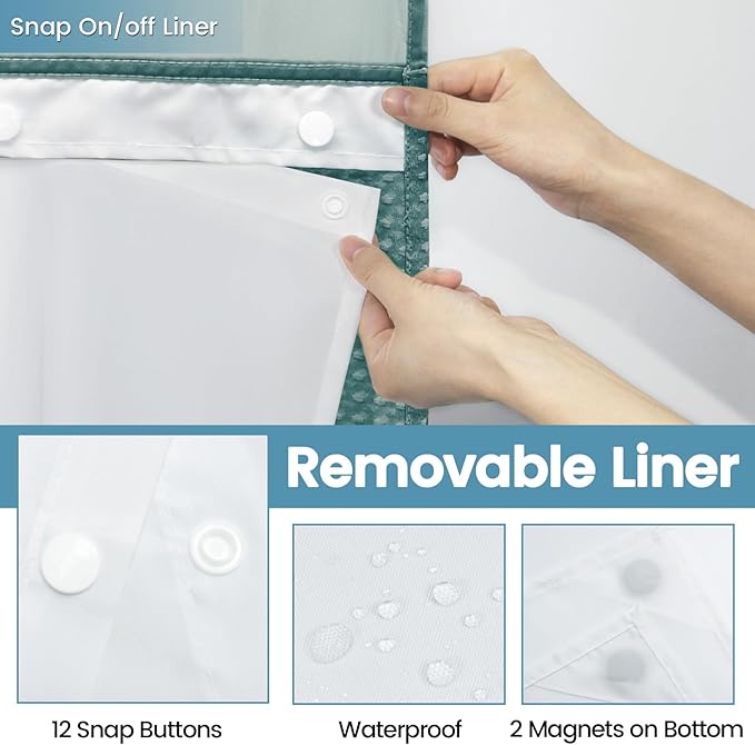 Seaweed Green No Hook Shower Curtain with Snap in Liner,230GSM Waffle Weave Shower Curtains for Bathroom,71W x 74H