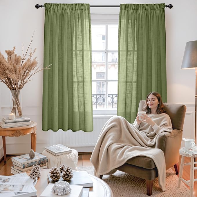 YoungsTex Olive Green Linen Semi Sheer Curtains 63 Inch Length for Living Room Window, Light Filtering Drapes Rustic Textured with Rod Pocket Back Tab for Bedroom, 2 Panels, 42 X 63 Inch
