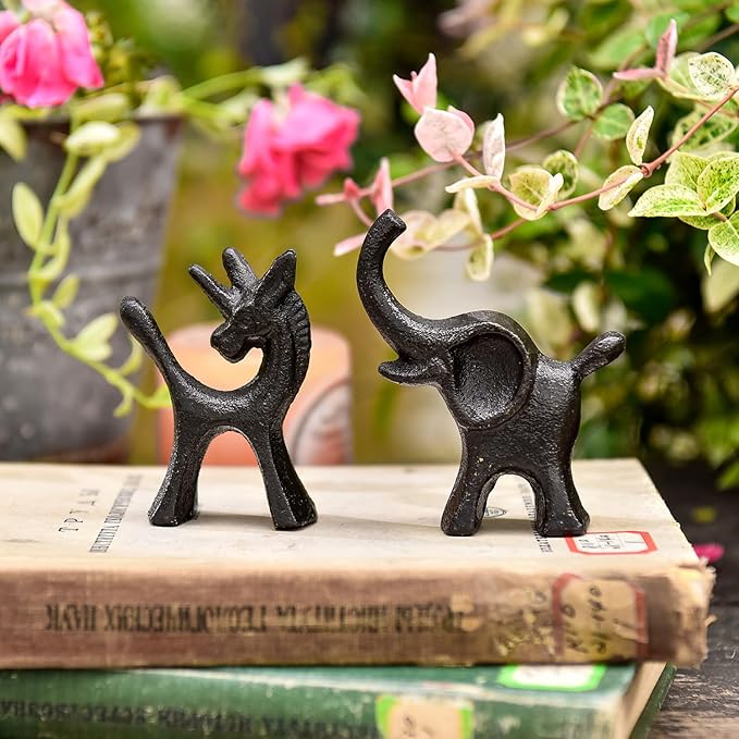 Sungmor Set of 2 Cast Iron Elephant & Unicorn Figurines - Rustic Black Animal Sculptures for Shelf, Desk, or Entryway - Heavyweight Decorative Mini Cute Statues - Whimsical Vintage Home Décor