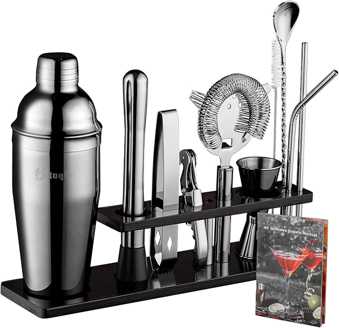 Bartender Kit with Stand, 11 Piece Set, Cocktail Shaker Set 24 oz Shaker Bar Tool Set for Beginner with Recipe